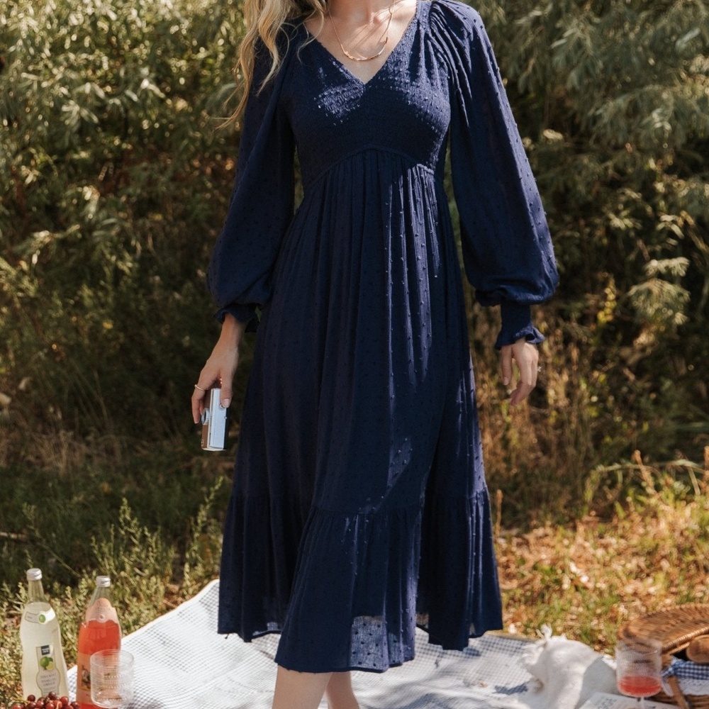 Baltic Born Lainey Smocked Dotted Midi Dress | Midnight Blue Size SS